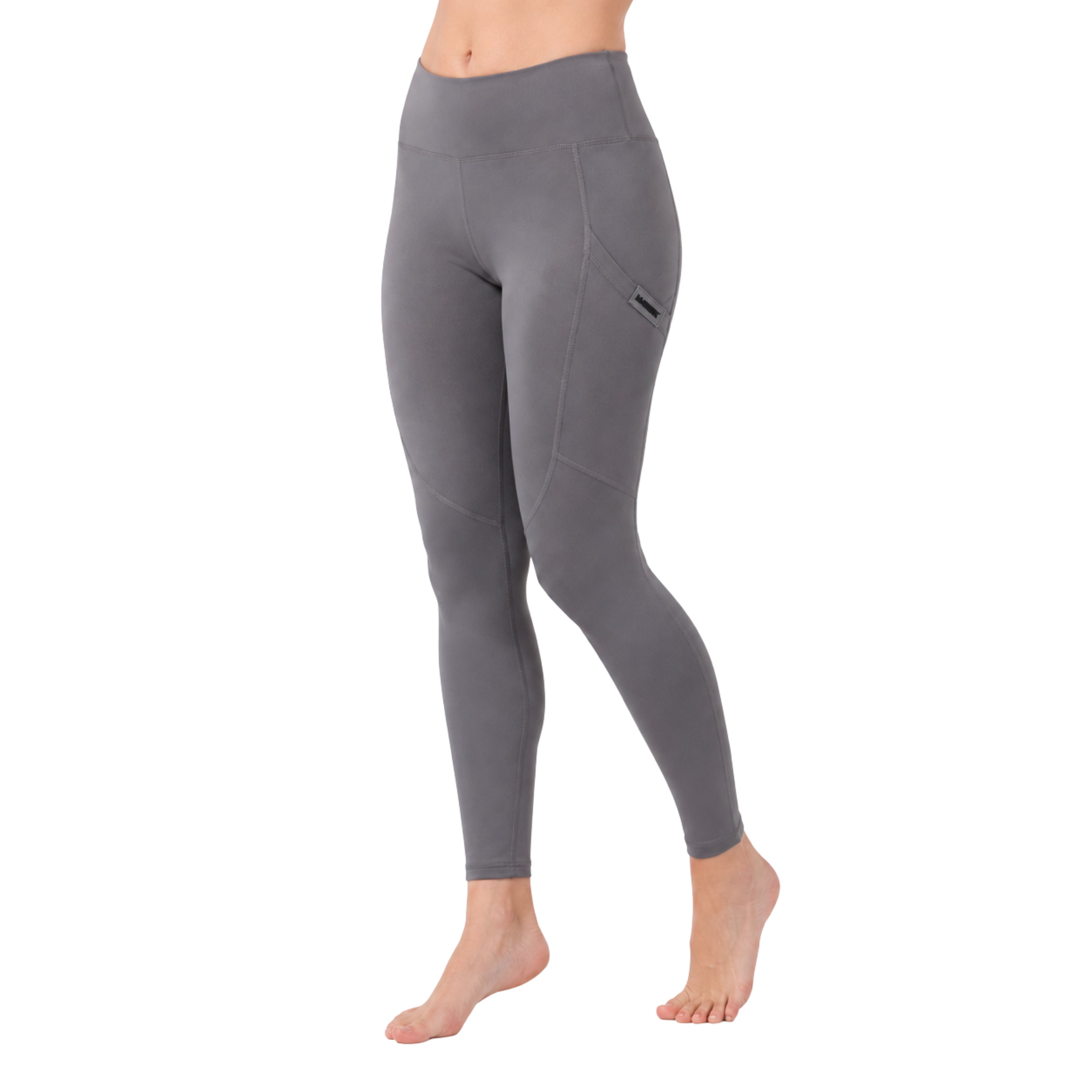 Low Madness Essential Leggings in Silver Grey featuring a high-waisted fit, side pocket, sculpting seams, and premium stretch fabric shown from front, side, and back.