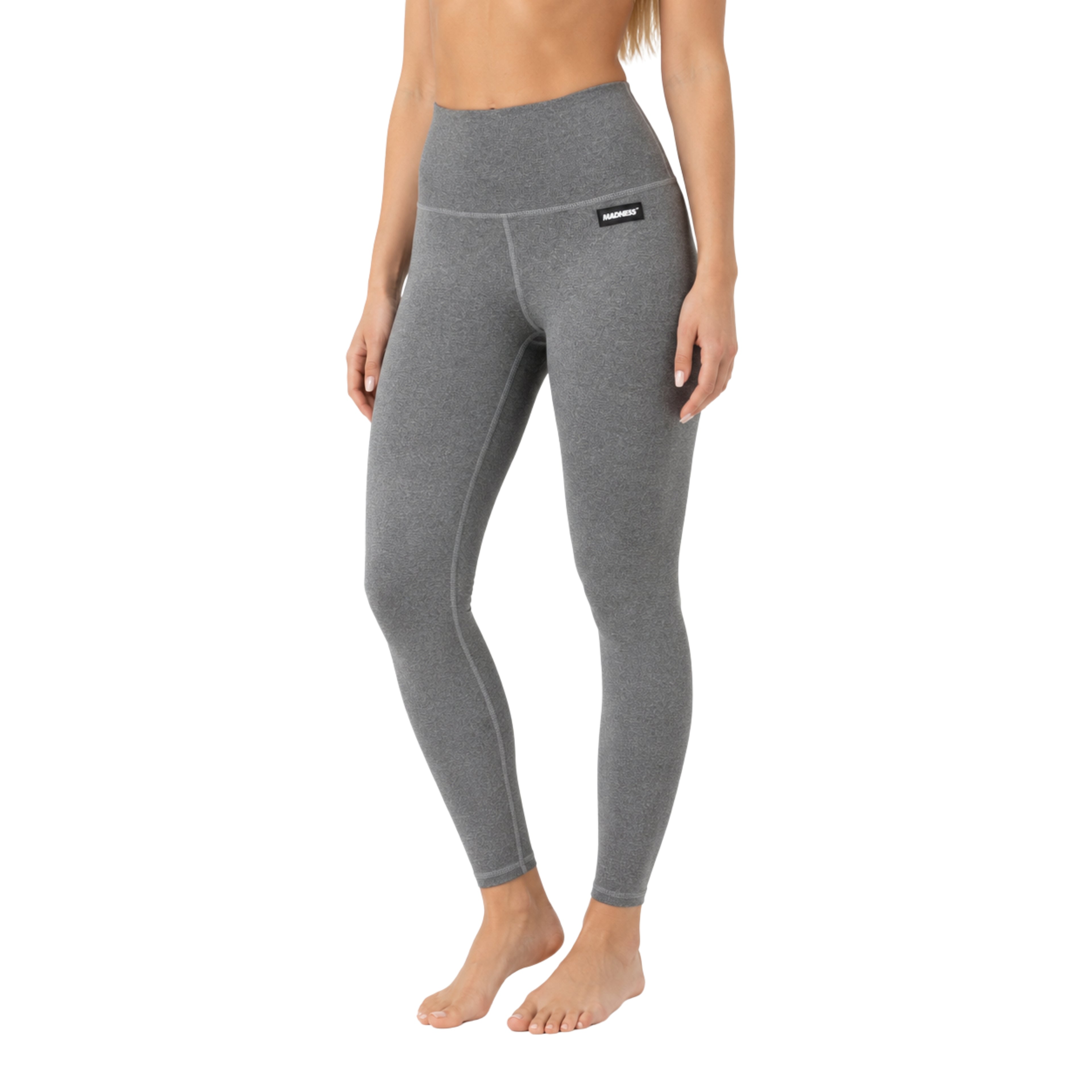 Madness Essential Leggings in Heather Grey featuring a high-waisted fit, minimalist design, premium stretch fabric, and signature Madness logo shown from front, side, and back.