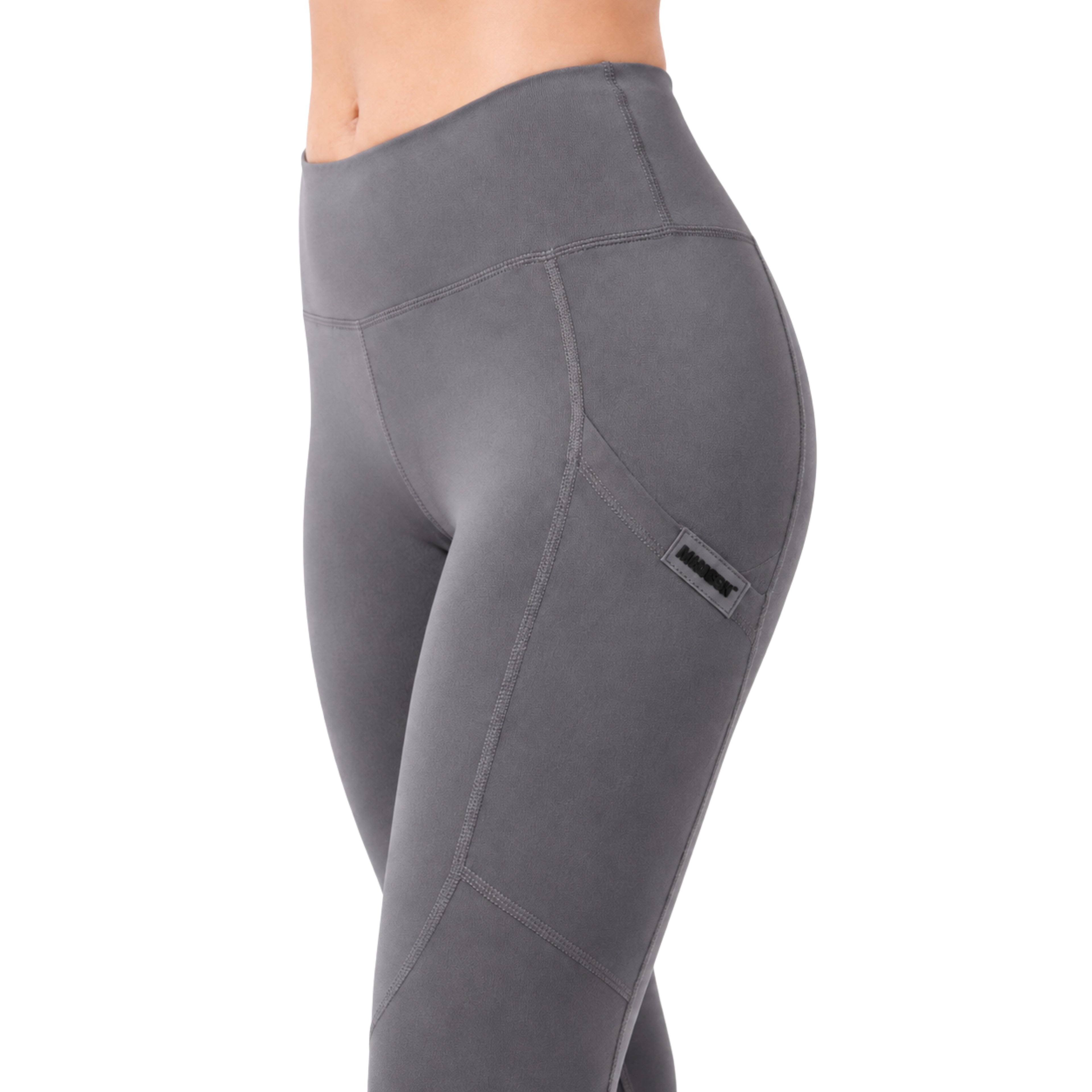 Low Madness Essential Leggings in Silver Grey featuring a high-waisted fit, side pocket, sculpting seams, and premium stretch fabric shown from front, side, and back.