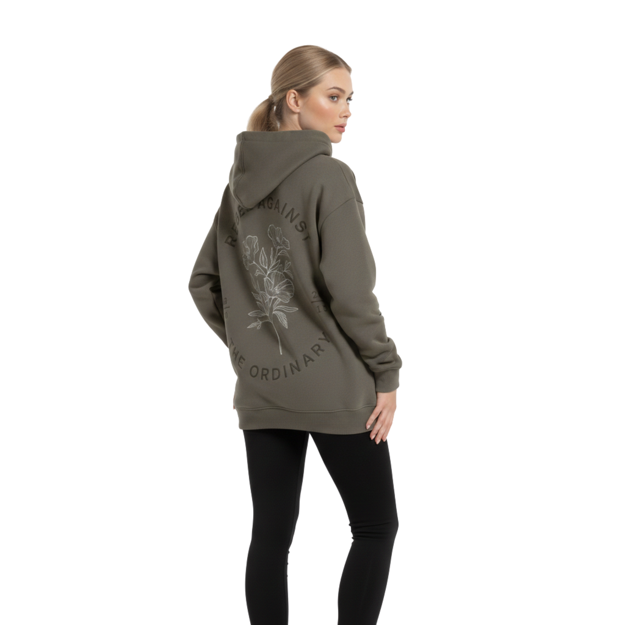 Oversized premium cotton 350GSM hoodie in grey. Front features an arched tonal logo, and the back shows a large floral graphic with "Rebel Against The Ordinary" text. Premium boxy fit streetwear for a structured silhouette.